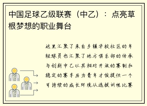 中国足球乙级联赛（中乙）：点亮草根梦想的职业舞台