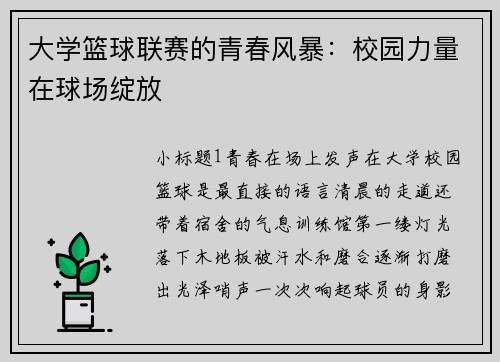 大学篮球联赛的青春风暴：校园力量在球场绽放