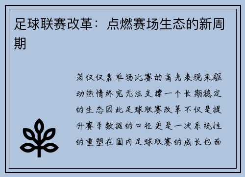 足球联赛改革：点燃赛场生态的新周期