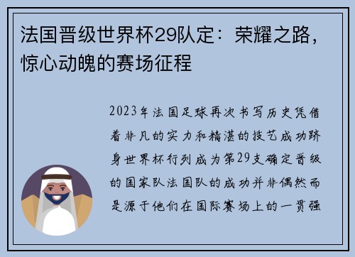 法国晋级世界杯29队定：荣耀之路，惊心动魄的赛场征程